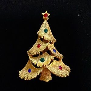 Christmas Tree Brooch‎ 1970’s Signed JJ Jonette Jewelry Co EUC Gold-Tone